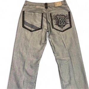 Vintage Red Ape Y2K Baggy Grey Denim Embroidered Jeans Size 36